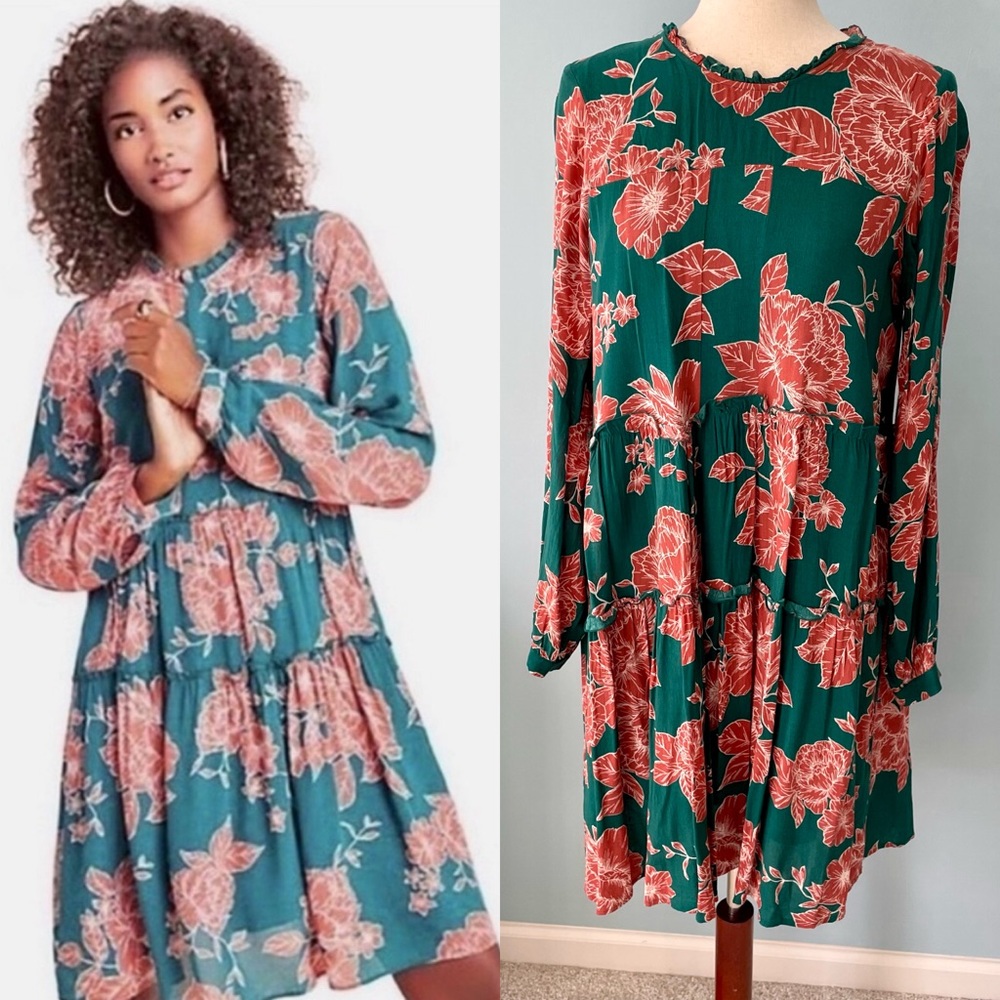 ANTHROPOLOGIE x MAEVE Esther Tiered Tunic Dress in Green Floral